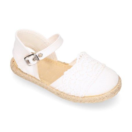 White Linen Ceremony Espadrille Shoes for girls with Spring lace