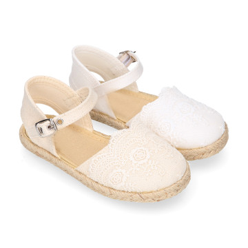 Linen Ceremony Espadrille Shoes for girls with Flower lace design