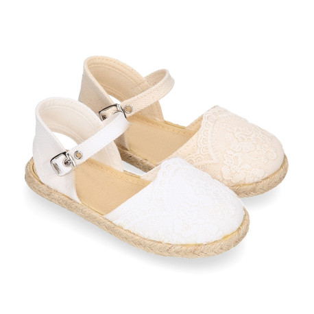 Linen Ceremony Espadrille Shoes for girls with waves lace design