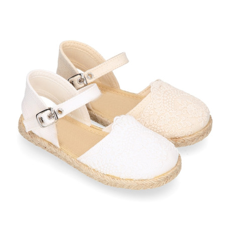 Linen Ceremony Espadrille Shoes for girls with leaves lace design