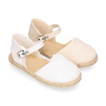 Linen Ceremony Espadrille Shoes for girls with petals lace design