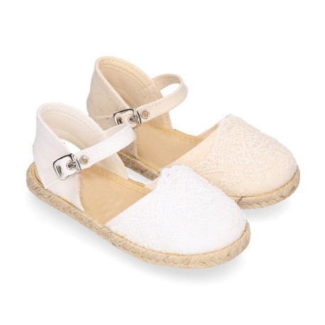 Linen Ceremony Espadrille Shoes for girls with petals lace design