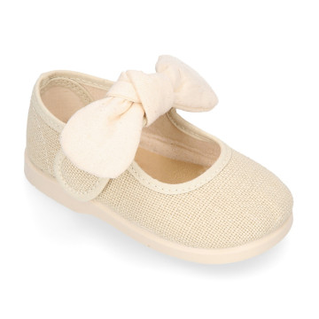Girls Linen Mary Jane with Removable Bow and Hook and loop Strap closure