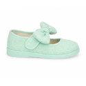 Girls Linen Mary Jane with Removable Bow and Hook and loop Strap closure