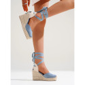 Blue Suede Lace-Up Women Wedge Espadrilles
