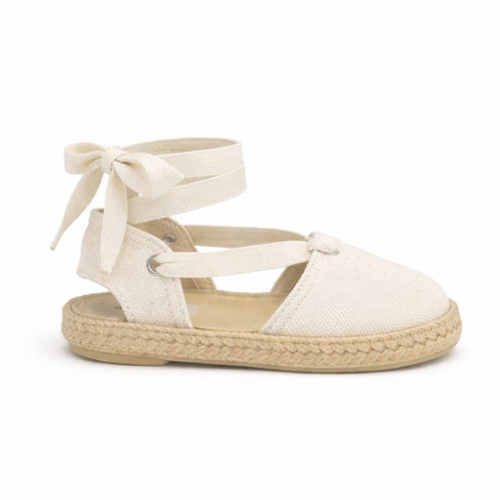 Girls Ivory Espadrille Sandal with Ankle Ties – Linen Cotton | Made in Spain
