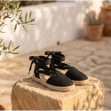Girls Black Espadrille Sandal with Ankle Ties – Linen Cotton | Made in Spain