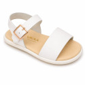 Girls barefoot white leather sandals with buckle
