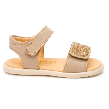 Sandalia barefoot niña beige con glitter y doble cierre adherente