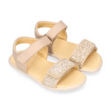 Girls barefoot white leather sandals with buckle