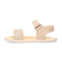 Girls barefoot white leather sandals with buckle