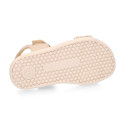 Sandalia barefoot niña beige con glitter y doble cierre adherente