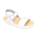 Girls barefoot white leather sandals with buckle