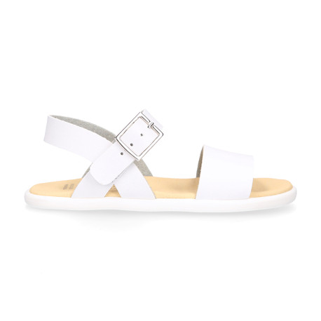 Girls barefoot white leather sandals with buckle