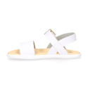 Girls barefoot white leather sandals with buckle