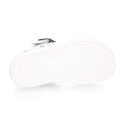 Girls barefoot white leather sandals with buckle