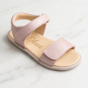 Girls barefoot pale pink sandals with double hook and loop strap closure