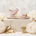 Girls barefoot pale pink sandals with double hook and loop strap closure