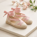 Girls Ivory Linen Espadrilles with Pink Ankle Ties – Valencian Style