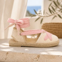 Girls Ivory Linen Espadrilles with Pink Ankle Ties – Valencian Style
