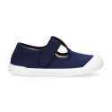 BAREFOOT Kids T-Strap shoes laceless in navy blue color cotton canvas
