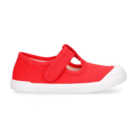 BAREFOOT Kids T-Strap shoes laceless in red color cotton canvas