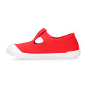 BAREFOOT Kids T-Strap shoes laceless in red color cotton canvas
