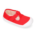 BAREFOOT Kids T-Strap shoes laceless in red color cotton canvas