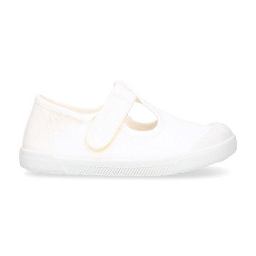 BAREFOOT Kids T-Strap shoes laceless in white color cotton canvas