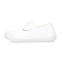 BAREFOOT Kids T-Strap shoes laceless in white color cotton canvas
