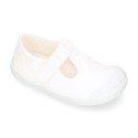 BAREFOOT Kids T-Strap shoes laceless in white color cotton canvas