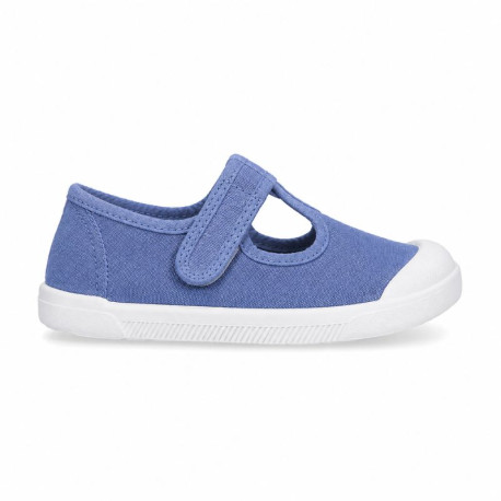 BAREFOOT Kids T-Strap shoes laceless in jeans color cotton canvas