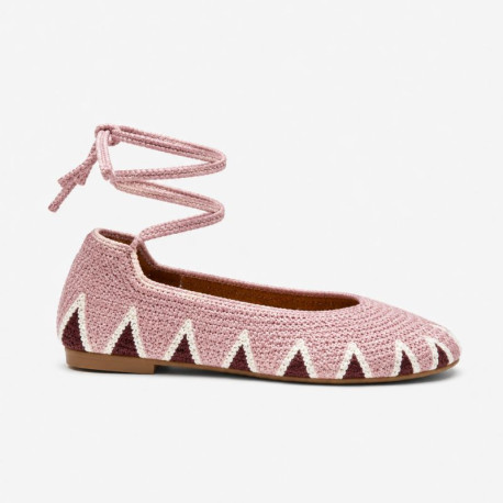 Pink color Crochet Woman Ballet Flats with Ankle Ties