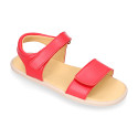 Girls barefoot coral sandals with double hook and loop strap closure