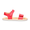 Girls barefoot coral sandals with double hook and loop strap closure