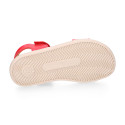 Girls barefoot coral sandals with double hook and loop strap closure
