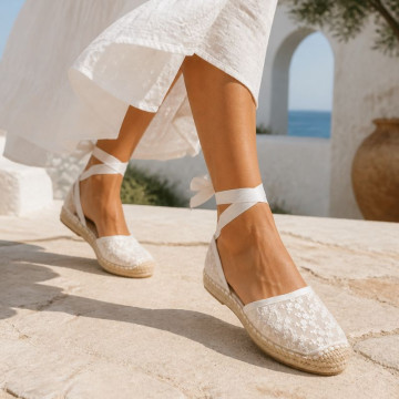 Women’s Lace Espadrilles with Ankle Ribbons – White