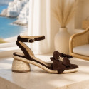 Chocolate suede-effect flower heel sandals