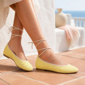 Lemon color Crochet Woman Ballet Flats with Ankle Ties