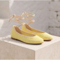Lemon color Crochet Woman Ballet Flats with Ankle Ties