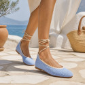 Pastel blue color Crochet Woman Ballet Flats with Ankle Ties