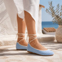 Pastel blue color Crochet Woman Ballet Flats with Ankle Ties