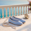 Bailarina de crochet con cintas al tobillo – Azul pastel