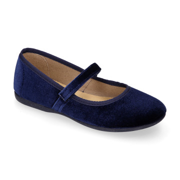 Navy Velvet Mary Jane Shoes with Hook-and-Loop Fastening | Made in Spain