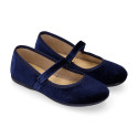 Navy Velvet Mary Jane Shoes with Hook-and-Loop Fastening | Made in Spain