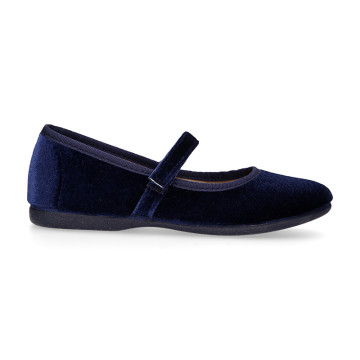 Navy Velvet Mary Jane Shoes with Hook-and-Loop Fastening | Made in Spain