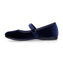 Navy Velvet Mary Jane Shoes with Hook-and-Loop Fastening | Made in Spain