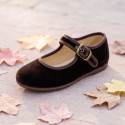 Girls’ Brown Velvet Mary Jane Shoes with Buckle