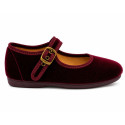 Girls’ Deep Red Velvet Mary Jane Shoes with Buckle