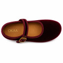 Girls’ Deep Red Velvet Mary Jane Shoes with Buckle
